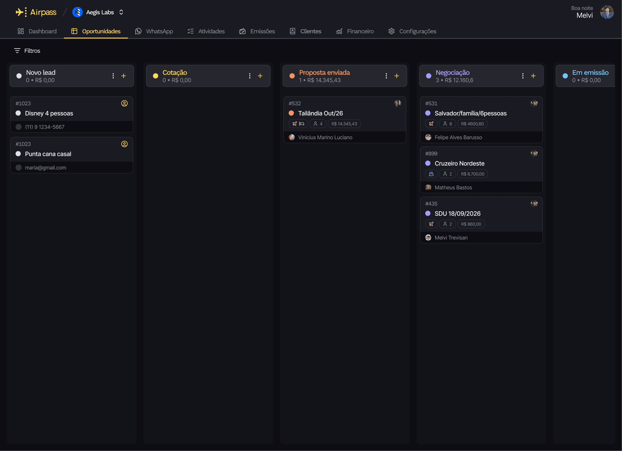CRM Kanban de oportunidades